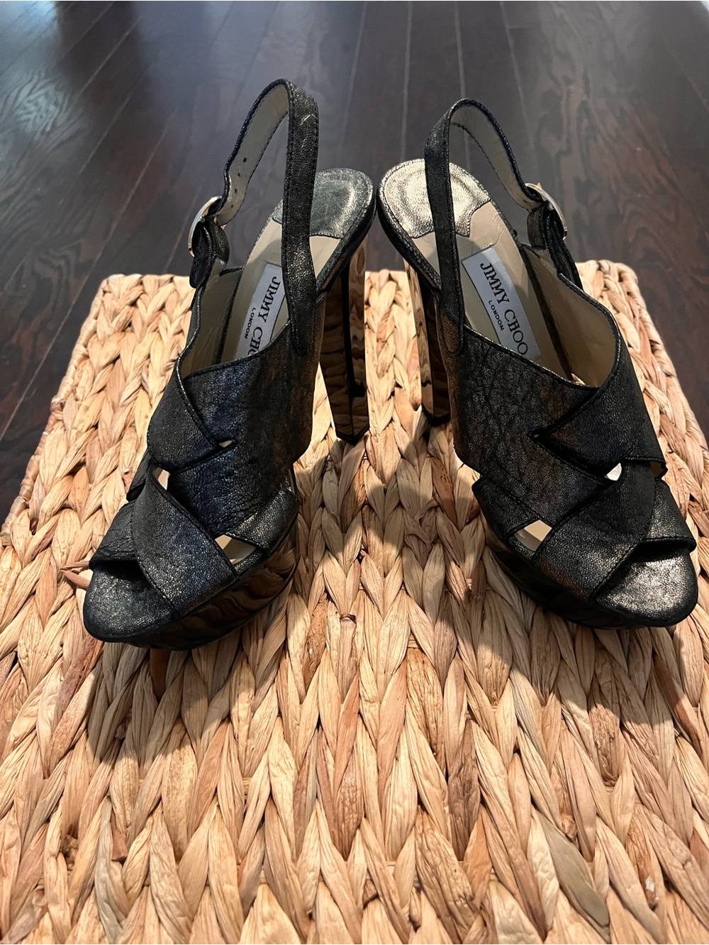 Jimmy Choo Black and Metallic Slingback Platform Heels